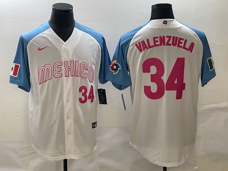 Men 2023 World Cub Mexico #34 Valenzuela White blue Nike MLB Jersey1